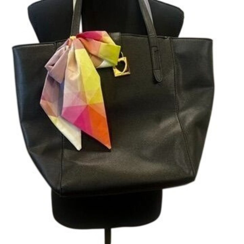 Betsy Johnson large black tote bag multicolor accent scarf gold hardware